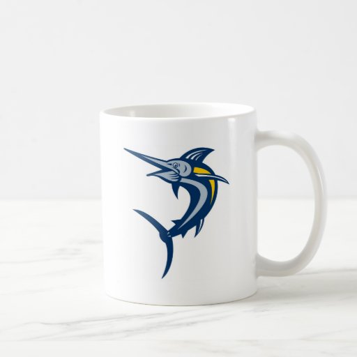 Sauter de marlin bleu d'isolement sur le blanc mugs