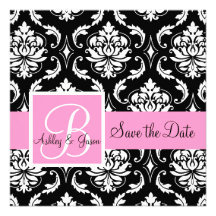 Save the Date Black Damask  Monogram Names Pink Custom Invitation