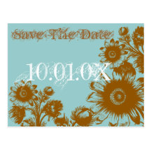 Save The Date -Brown on Blue Vintage Flowers Post Card
