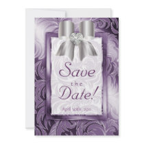 Save the Date Card Leaf Floral Purple Silver Bow