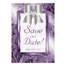 Save the Date Card Leaf Floral Purple Silver Bow Personalized Announcements