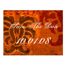 Save The Date - Damask - Orange and Brown Post Card