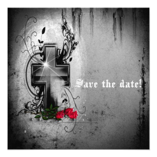 Save The Date Gothic Cross and Roses Invitation