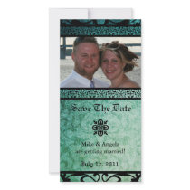 Save the Date Green Ornate Damask Photocard