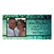 Save the Date Green Ornate Damask Photocard Custom Photo Card