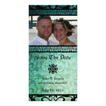 Save the Date Green Ornate Damask Photocard Personalized Photo Card