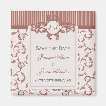 Save the Date Magnet, Beige Stripes and Damask