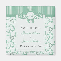Save the Date Magnet, Pale Green Stripes & Damask