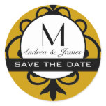 Save the Date Monogram Damask Black Gold Sticker