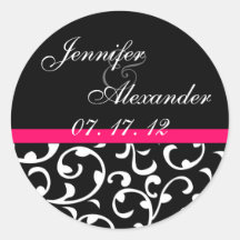 Save the Date Pink Black Damask Wedding Labels Stickers