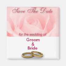 Save The Date Pink Rose & Wedding Rings Magnets