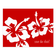 Save the Date Postcard Beach Wedding Hibiscus Red
