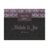 Save the Date Purple Black Damask Postcard