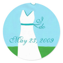 Save the date stickers, wedding dress, aqua trim