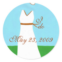 Save the date stickers, wedding dress, cafe trim