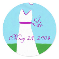 Save the date stickers, wedding dress, purple trim