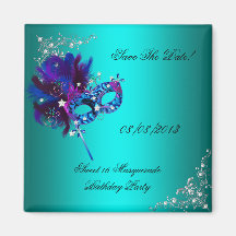 Save The Date Sweet 16 Masquerade Teal Refrigerator Magnets