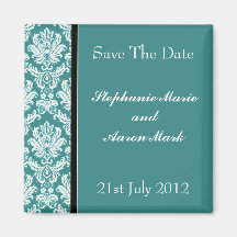 Save The Date -  Teal Classic Damask Fridge Magnet