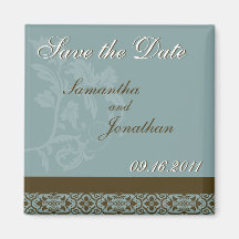 Save the Date Turquoise Blue & Brown Damask Magnet