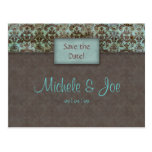 Save the Date Turquoise Brown Damask Postcard