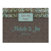 Save the Date Turquoise Brown Damask Postcard