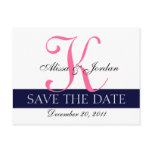 Save the Date Wedding Monogram Card Navy Hot Pink