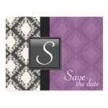 Save the Date Wedding Postcard Purple White Damask