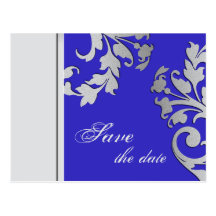 Save the Date Wedding Postcard Royal Blue Silver