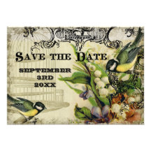 Save the Date, Yellow Song Bird Cage Swirl Floral Invite