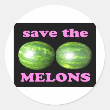 save the melons on black with pink sticker