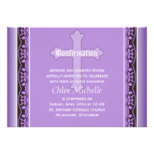 Scalloped Vines with Cross Purple Confirmation Invitations