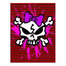 SCARY GIRL SKULL WITH SPLATTERS AND STRIPES POSTCARD