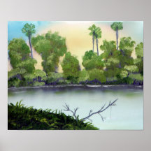 Scenic Palm trees lagoon oil painting Print
