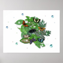 Schmetterlinge mit Blätter, Regentropfen, Perlen Plakat