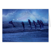 School of dolphins by moonlight greeting cards