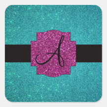 Scintillement de turquoise de monogramme autocollants carrés