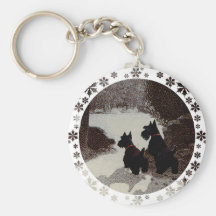 Scotties on Surreal Winter Night Keychain