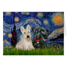 Scottish Terriers (two-BW) - Starry Night Card