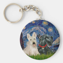 Scottish Terriers (two-BW) - Starry Night Keychain
