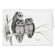 Screech Owl Family 2 Card in ink