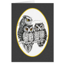 Screech Owl Family Card in ink