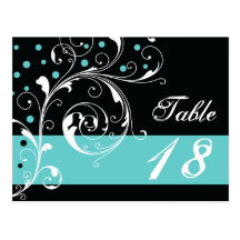 Scroll leaf black, aqua wedding Table number Post Card