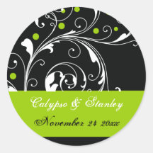 Scroll leaf black, green wedding Save the Date Stickers