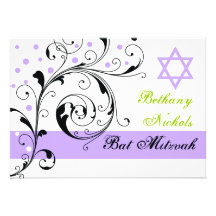 Scroll leaf black, white, purple & Star of David Invitations