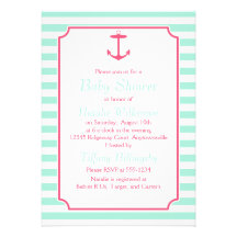 Sea Foam and Pink Anchor Silhouette Baby Shower Custom Invites