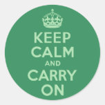 Sea Green Keep Calm and Carry On Round Stickers