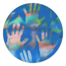 Sea of Hands, Orange and Green on blue