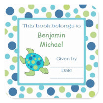 Sea Turtle Bookplate Label Blue Green Dot Sticker