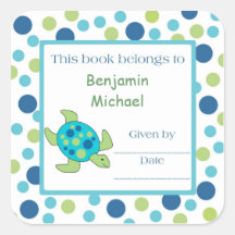 Sea Turtle Bookplate Label Blue Green Dot Sticker