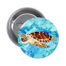 sea turtle marine sealife watercolor painting pin